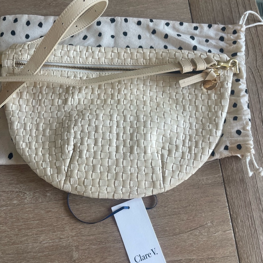 Clare V. Grande Fanny Woven Cream Leather Ivory Crossbody